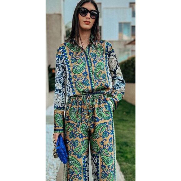 NWOT ⭐️Viral Zara 2 piece set, shirt and pants, Sz L $159 E40 - Picture 1 of 15